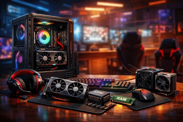 Partes internas de una PC: memoria, fuente, ventilador, tarjeta gráfica, CPU