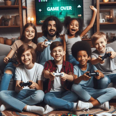 Niños y adulto jugando a un videojuego