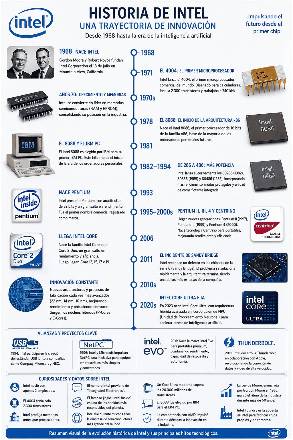 Infografía cronológica sobre la historia y evolución de Intel desde 1968 hasta la era de la inteligencia artificial
