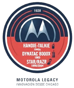 Diseño minimalista en tonos azul marino y rojo que repasa la historia y los hitos clave de Motorola desde su fundación en 1928