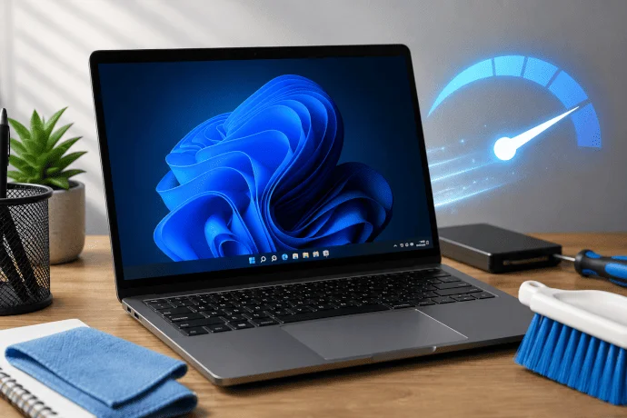 Notebook con Windows optimizado sobre escritorio moderno